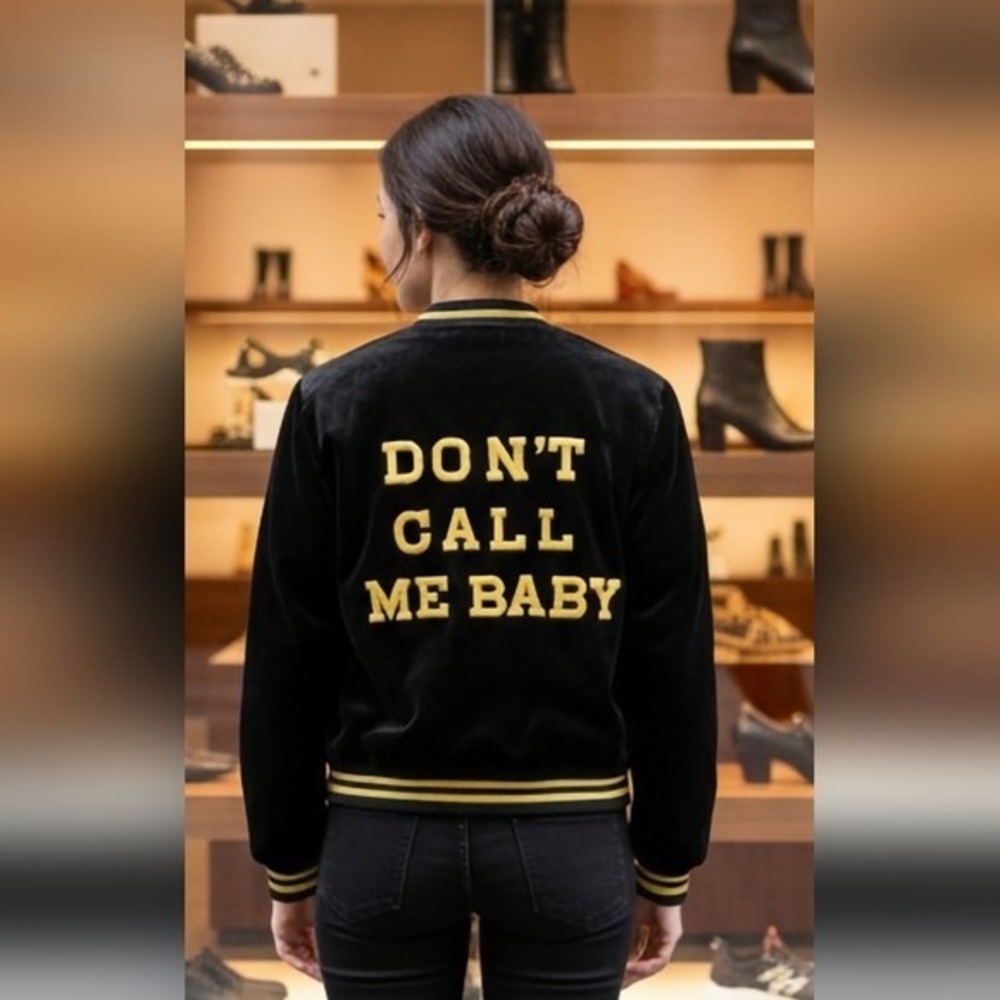 Zara Man Black Velvet Gold Trim Varsity Bomber Jacket Don't Call Me Baby Small